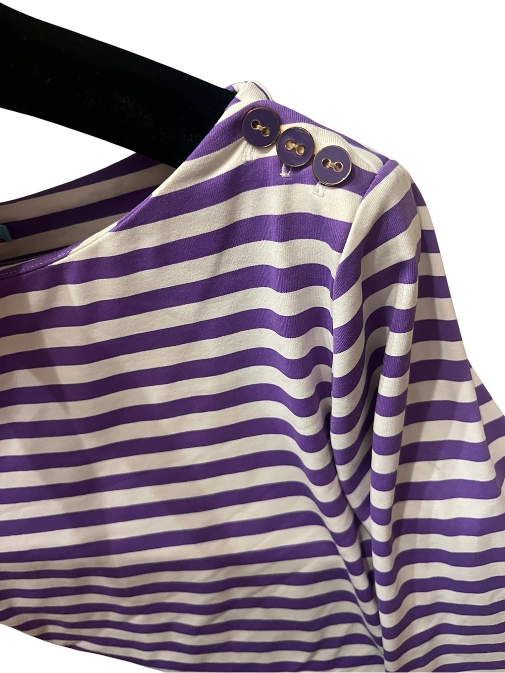 J. McLaughlin Wavesong Striped Purple/White 3 Button Shoulder Tee Shirt Top